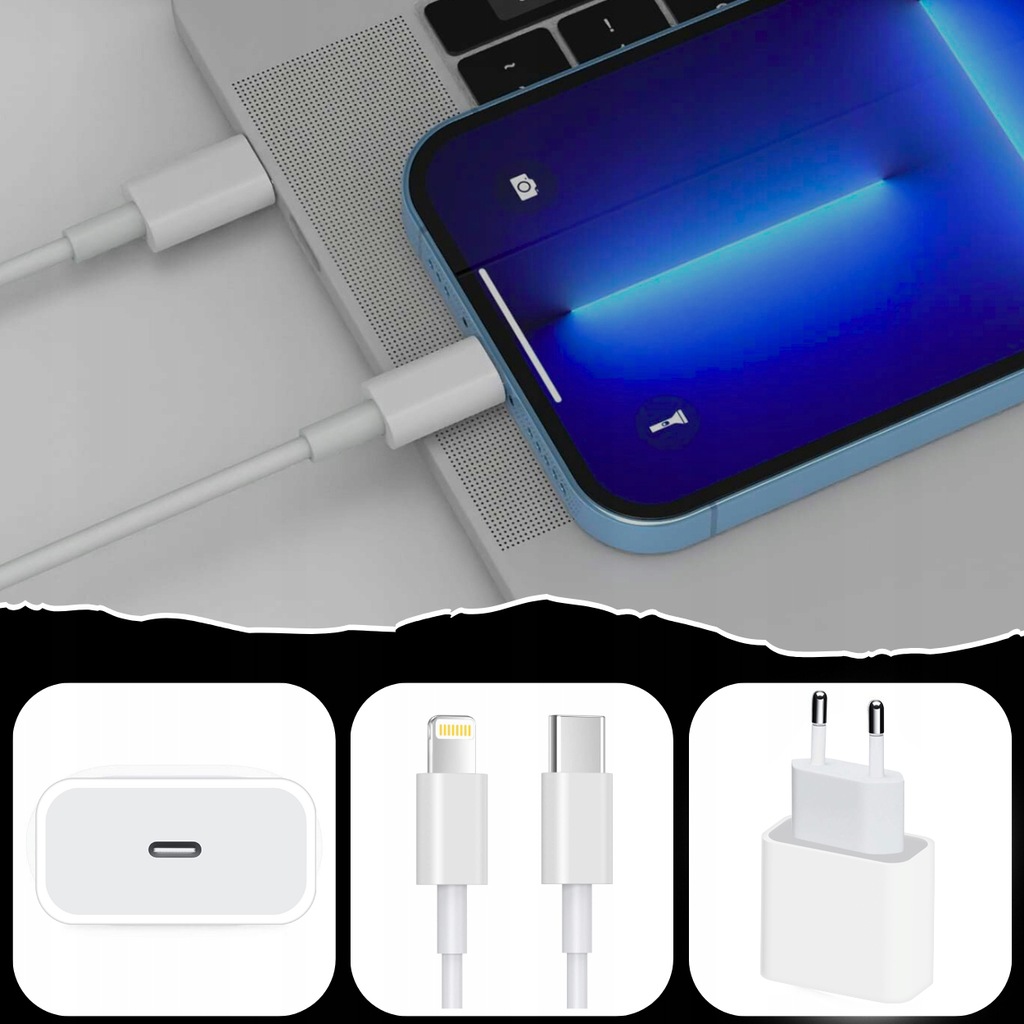 SZYBKA ŁADOWARKA DO IPHONE KOSTKA 20W + KABEL 1M / USB-C - IPHONE LIGHTING Przewód w zestawie tak